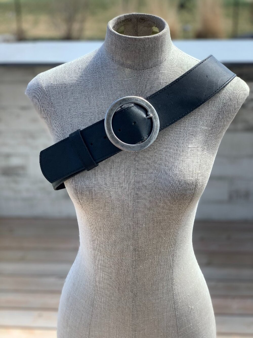 Vintage 90s Black Leather Wide Belt XL Silver Statement Buckle Boho Chic